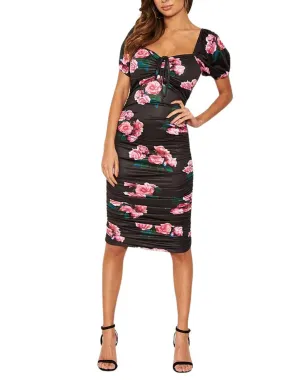 Women's Side Ruched Rose Printed Dess,Black