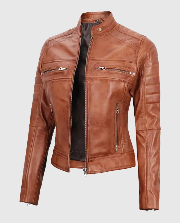 Women's Tan Cafe Racer Leather Jacket
