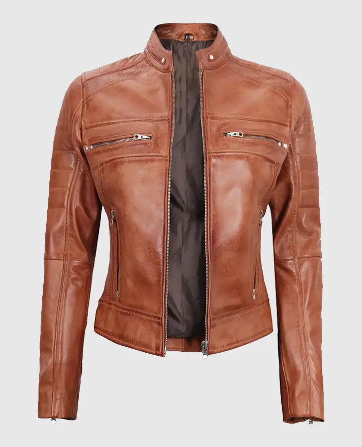 Women's Tan Cafe Racer Leather Jacket