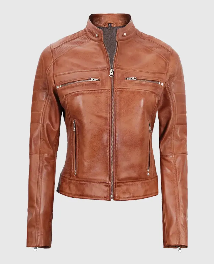 Women's Tan Cafe Racer Leather Jacket