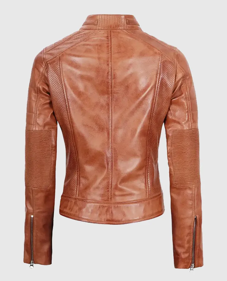 Women's Tan Cafe Racer Leather Jacket