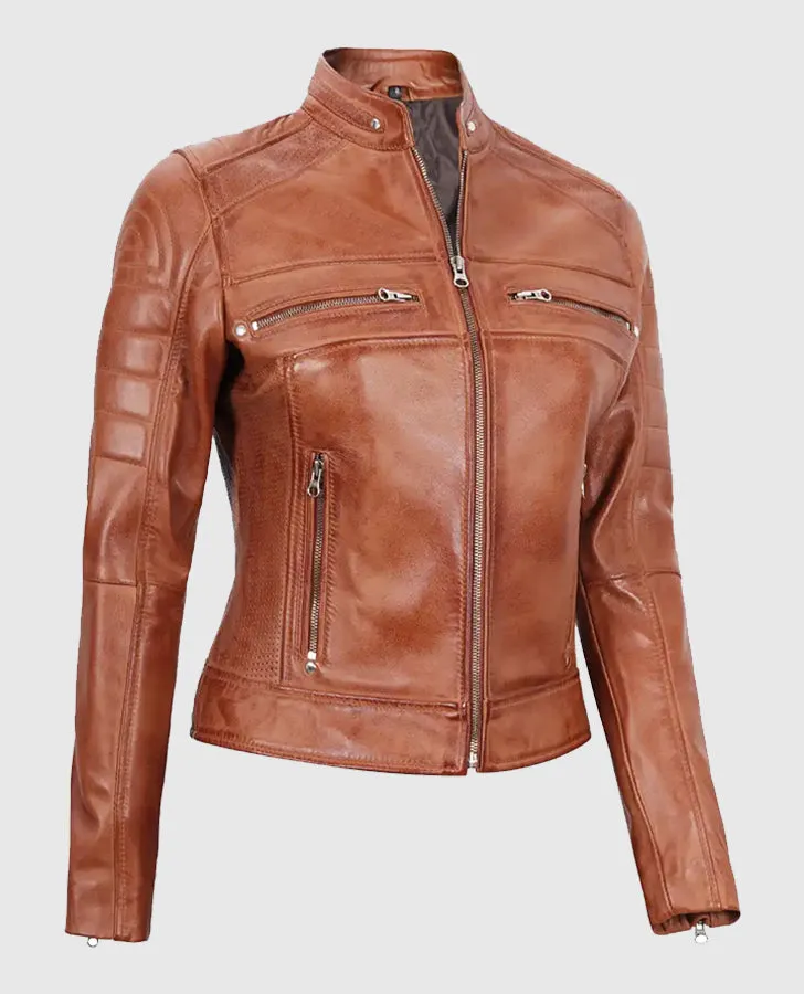 Women's Tan Cafe Racer Leather Jacket