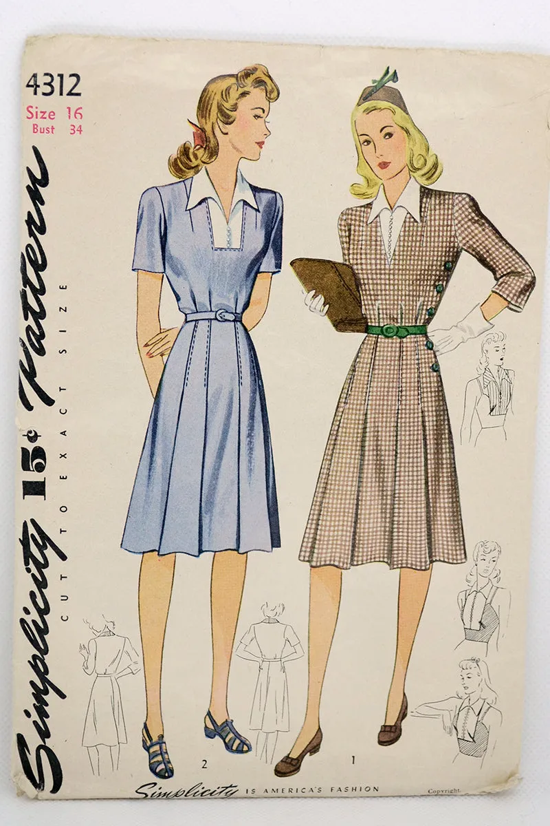 WWII Era Simplicity 4312 Vintage 1940s Dress Sewing Pattern