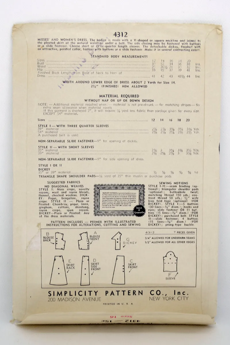 WWII Era Simplicity 4312 Vintage 1940s Dress Sewing Pattern